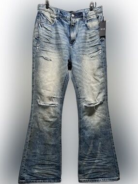 RtA mens nwt 34w 32 inseam antique Washed Blue Distressed Flare Jeans rare clay